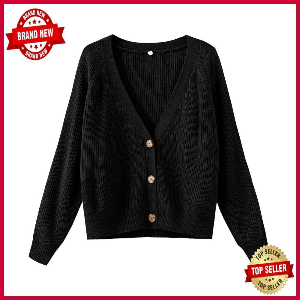 Long Sleeve Knit Cardigan Open Front Loose Fit Button Down V-Neck